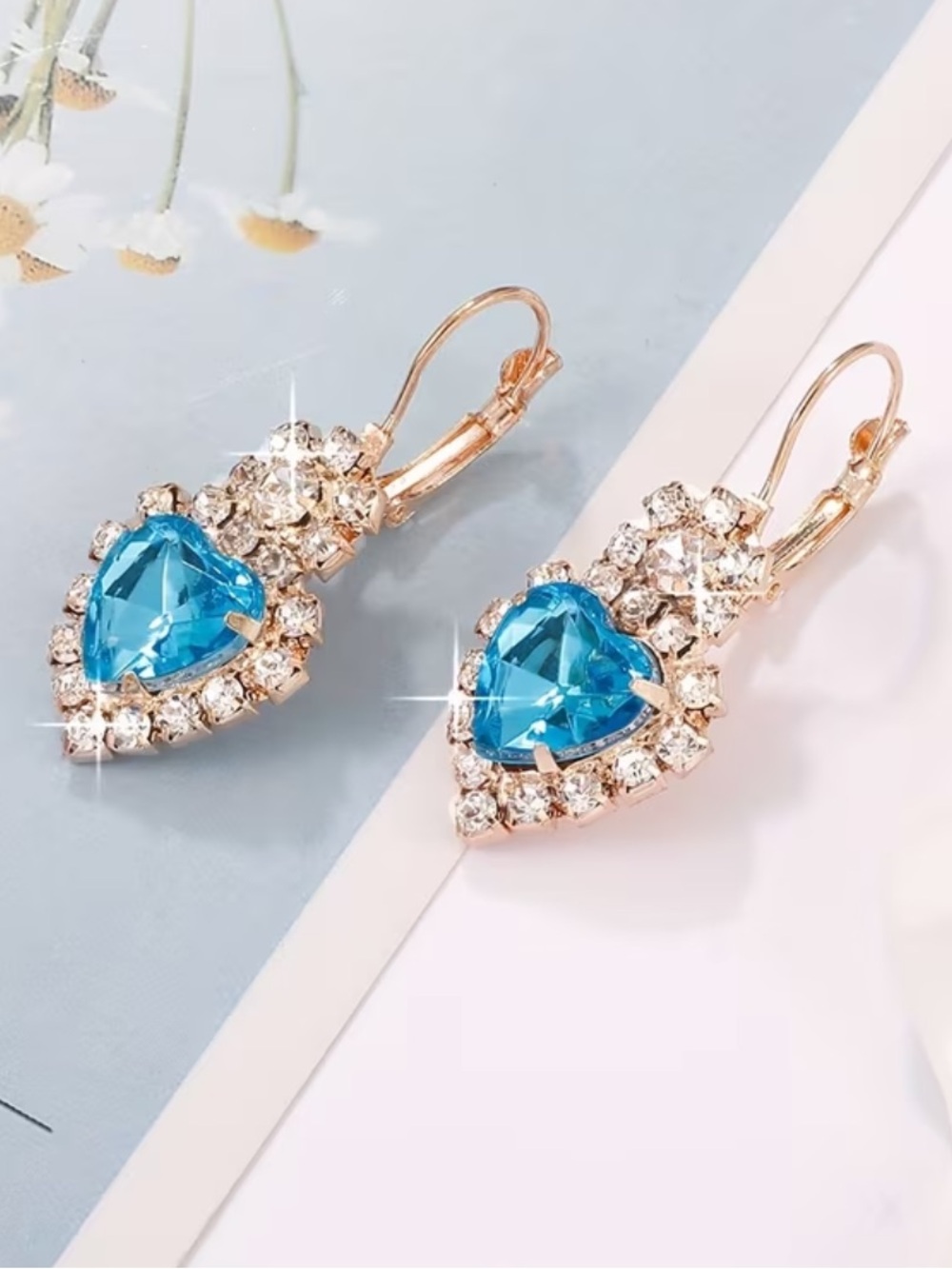 Blue Crystal Heart Drop Earrings